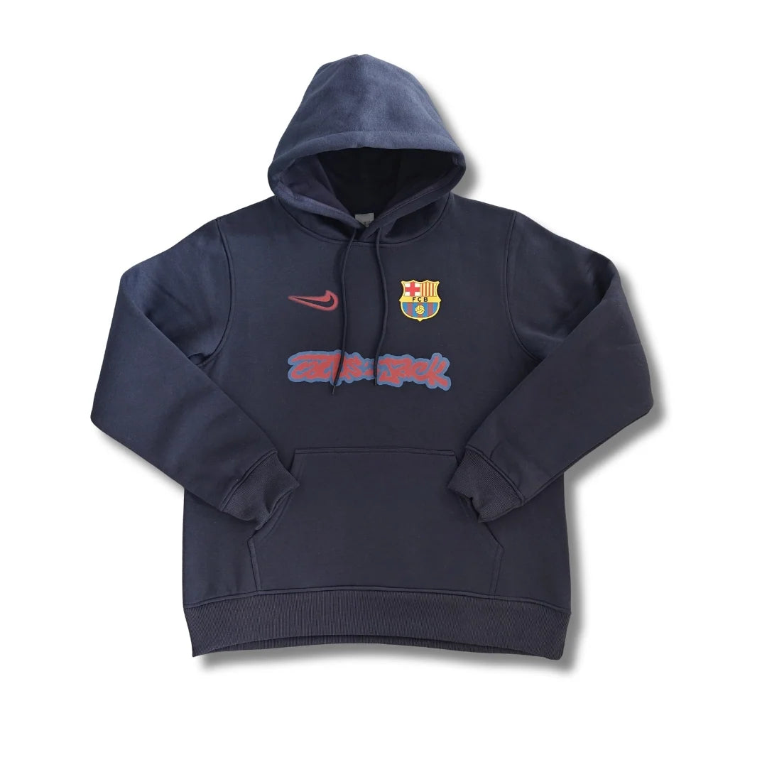 Barcelona x Travis Scott Reversed Nike Swoosh Navy Hoodie - front view